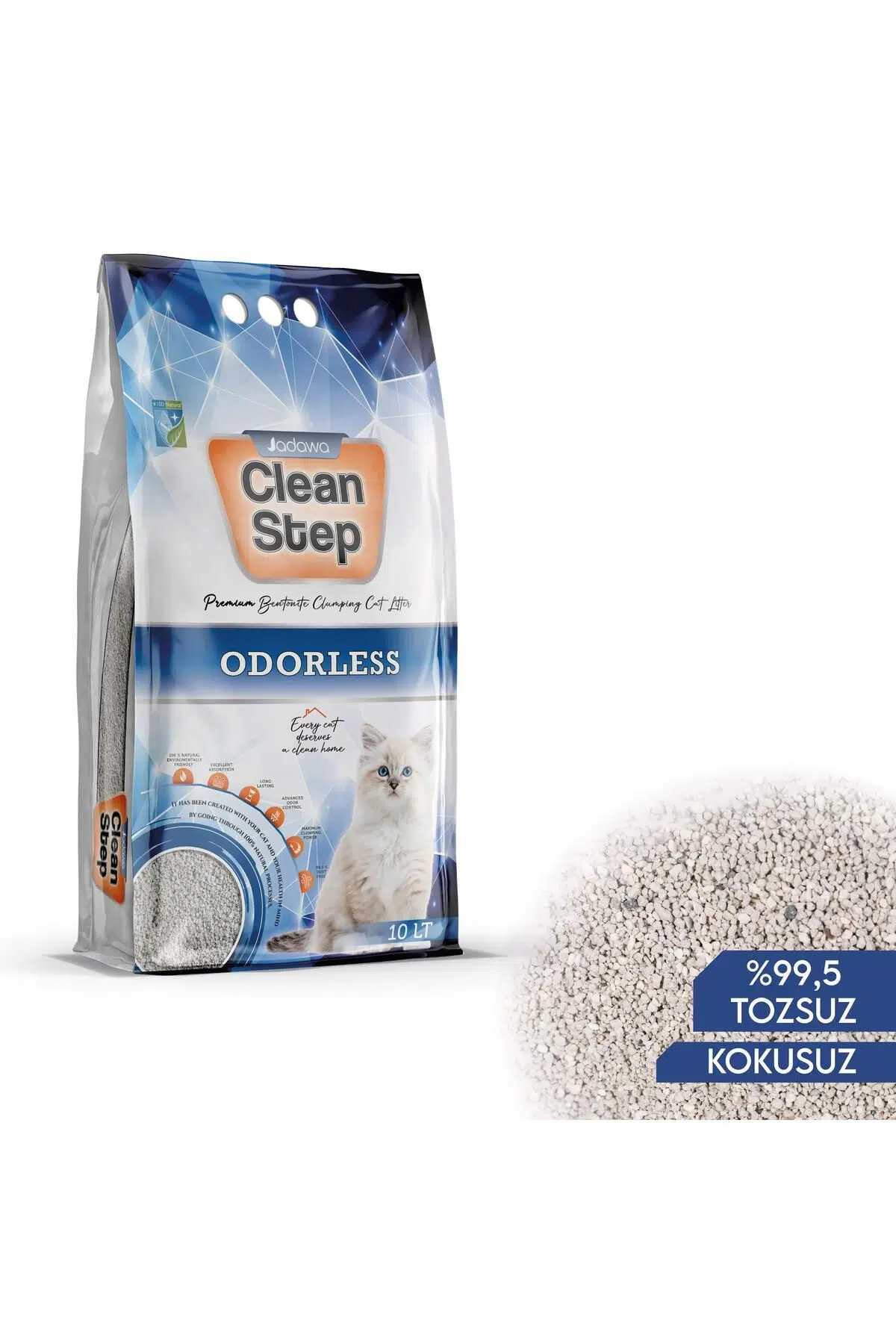 Clean Step Kokusuz (PARFÜMSÜZ) Topaklanan Ince Tane Bentonit Kedi Kumu 10 Lt