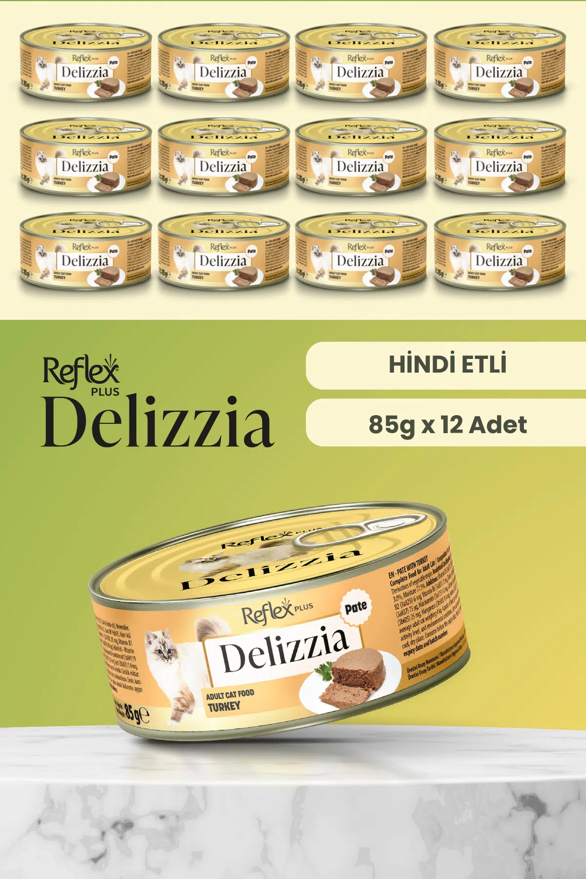 Plus Delizzia / Kıyılmış Hindi Etli Yetişkin Kedi Maması 85g x 12 Adet