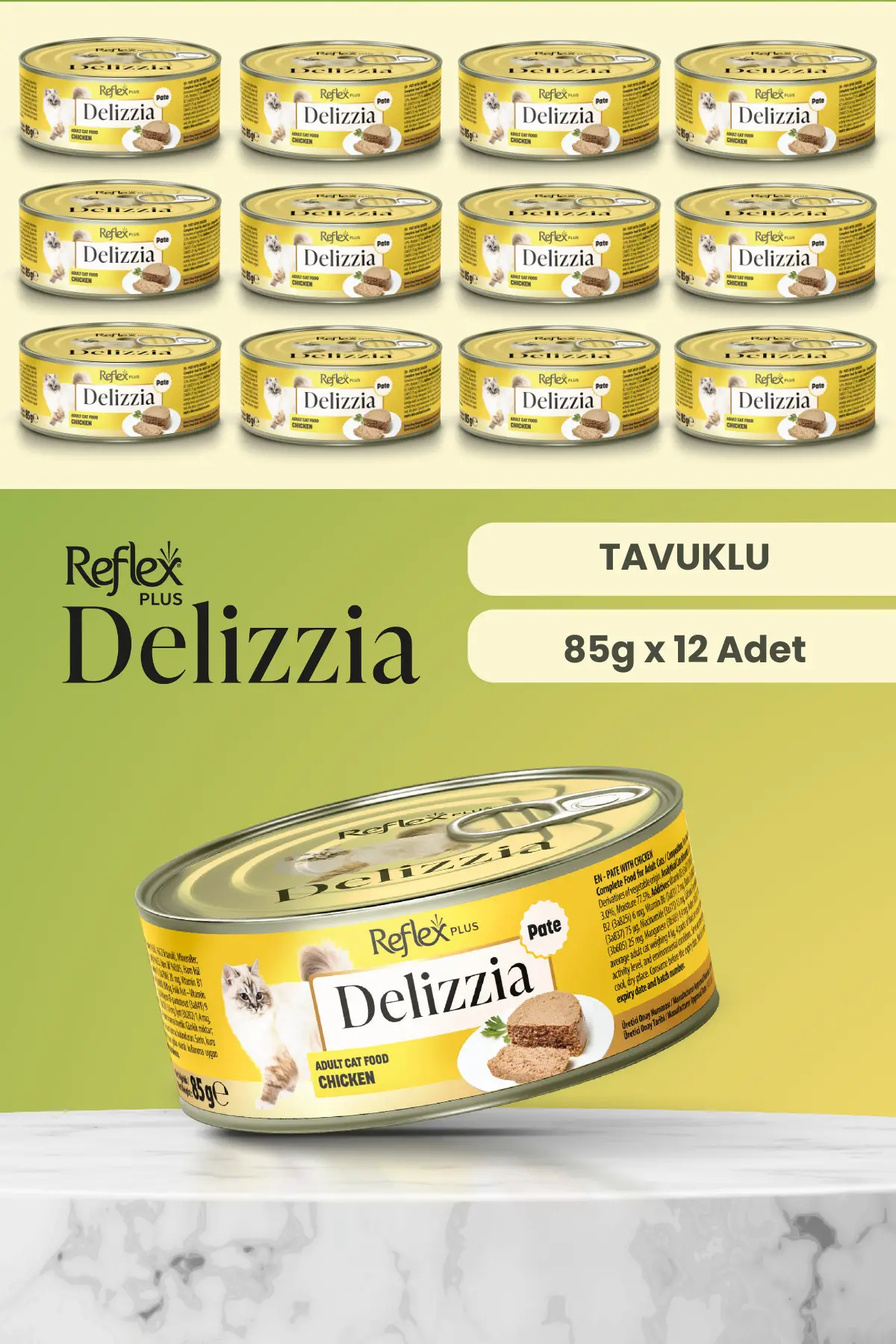 Plus Delizzia / Kıyılmış Tavuklu Yetişkin Kedi Maması 85g x 12 Adet