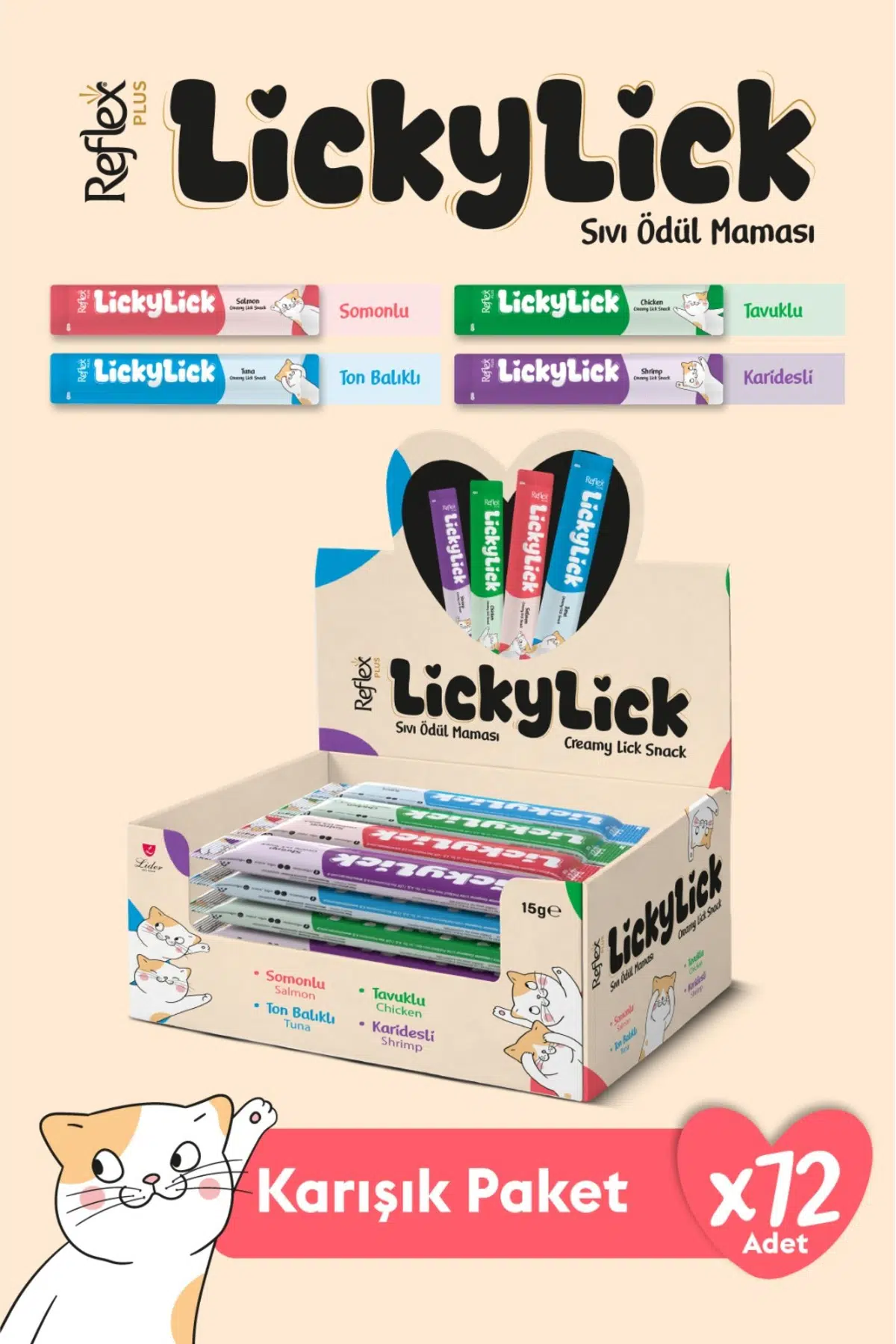 Plus LickyLick Sıvı Ödül Maması Karışık Paket x72 Adet
