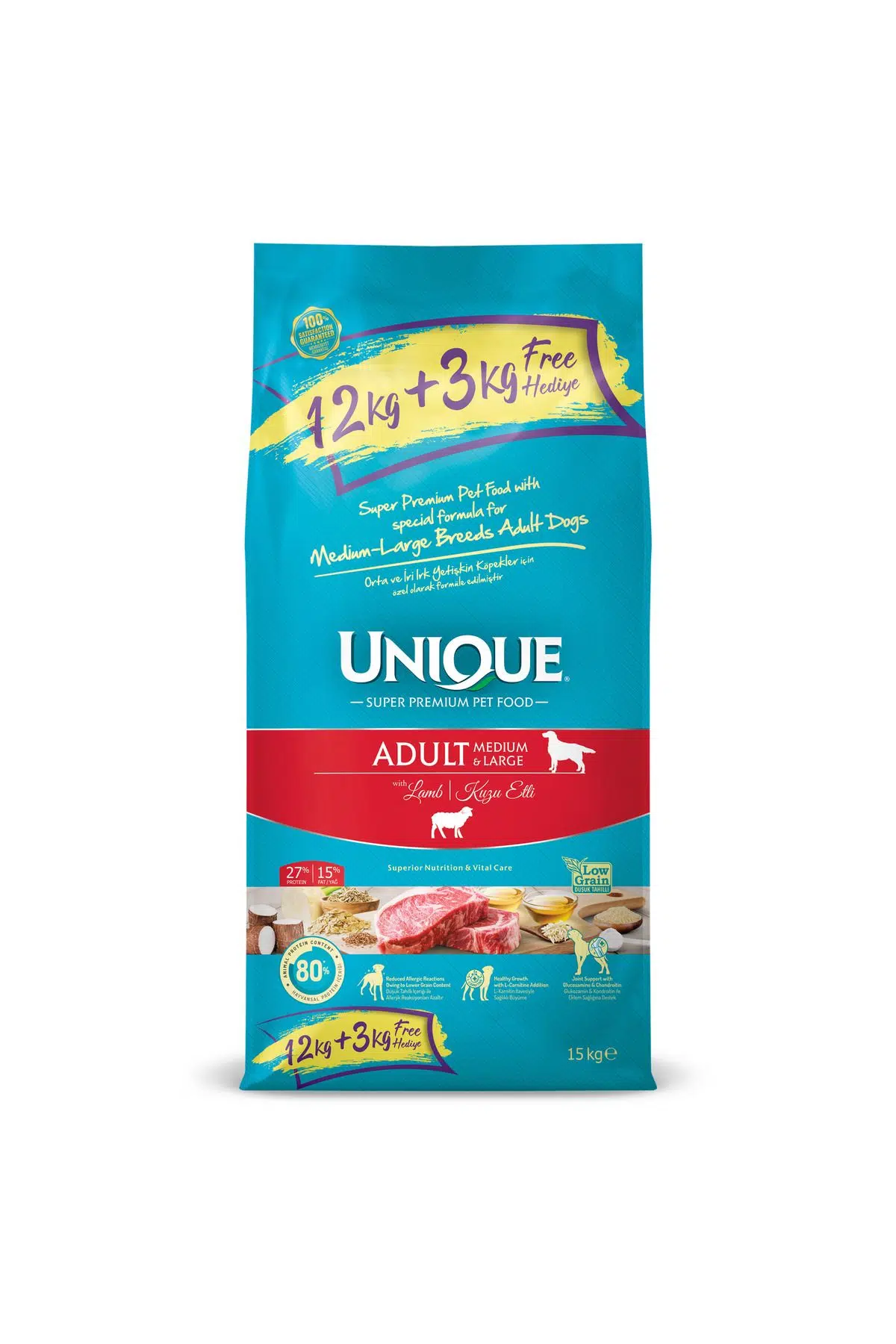 Unique Orta Ve Iri Irk Yetişkin Köpek Maması Kuzu Etli 12+3 Kg